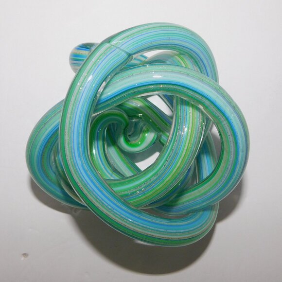 Endless Knot Blown Glass Paperweight Home Desk Decor Green Blue Aqua Gold - Picture 2 of 7
